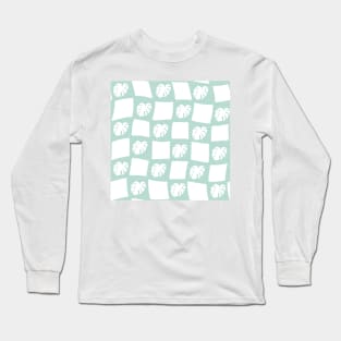 Large Monstera Deliciosa Leaf Checker Board - pastel teal green Long Sleeve T-Shirt